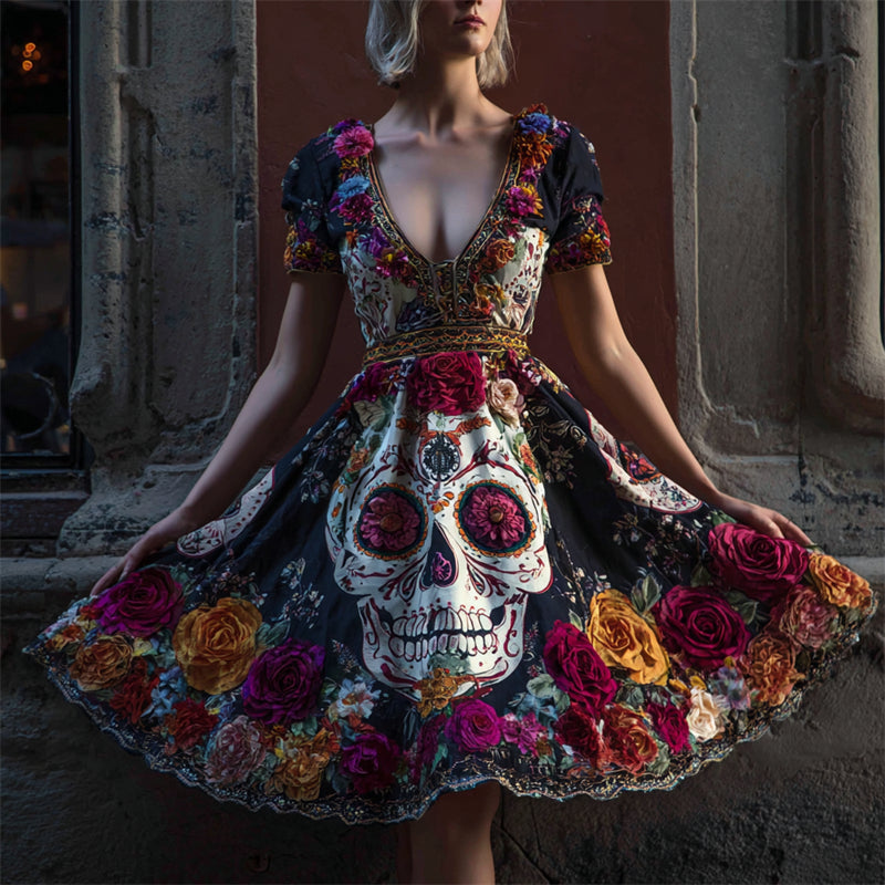 Day Of The Dead Sugar Skulls Floral Beaded Wide Skirted Linen Dress elevenforest