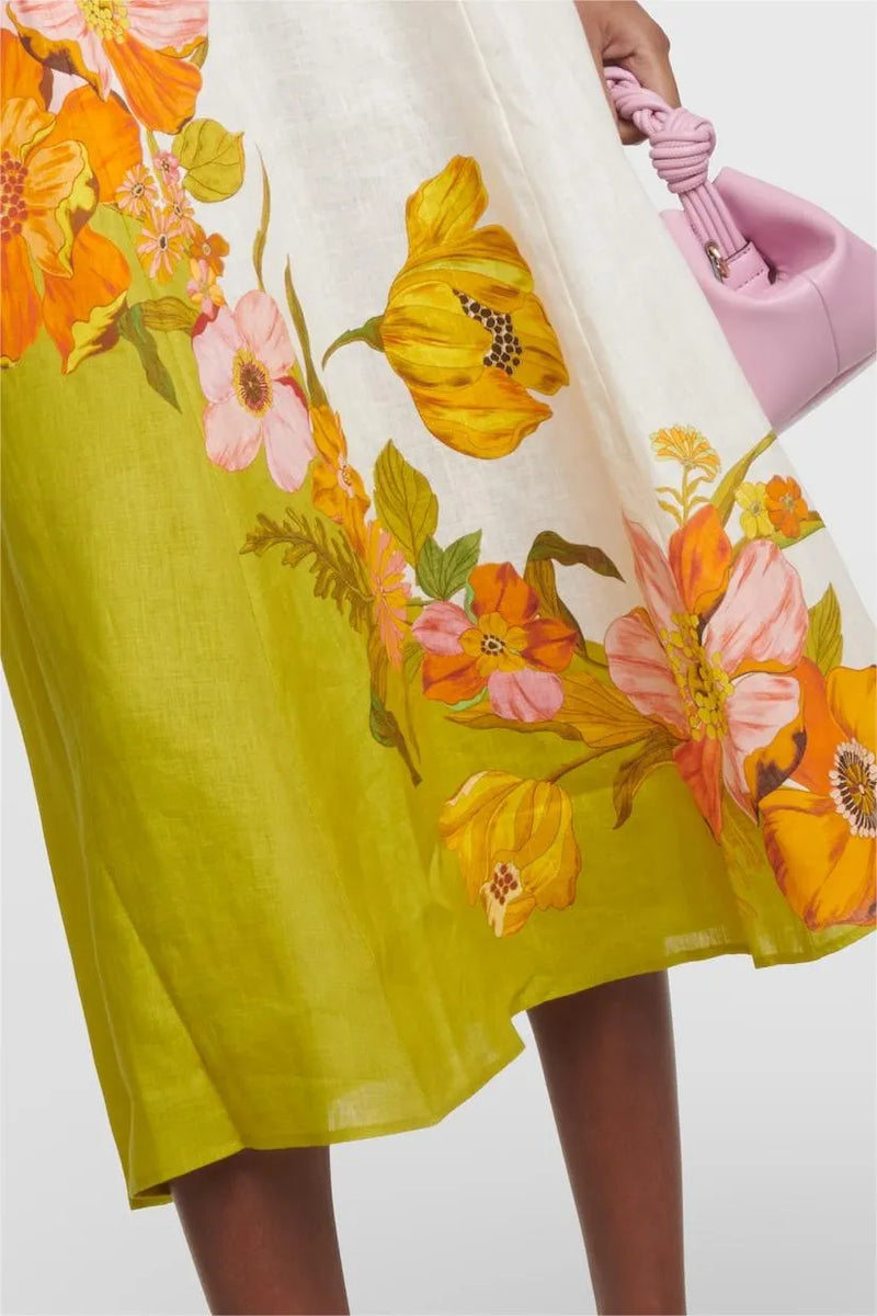Puff Sleeve Round Neckline Midi Dress