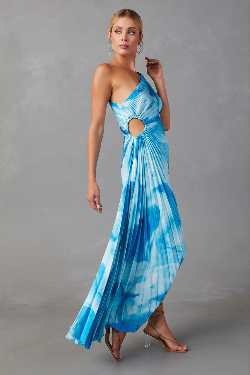 Tie Dye One-shoulder Drappped Hem Midi Dress