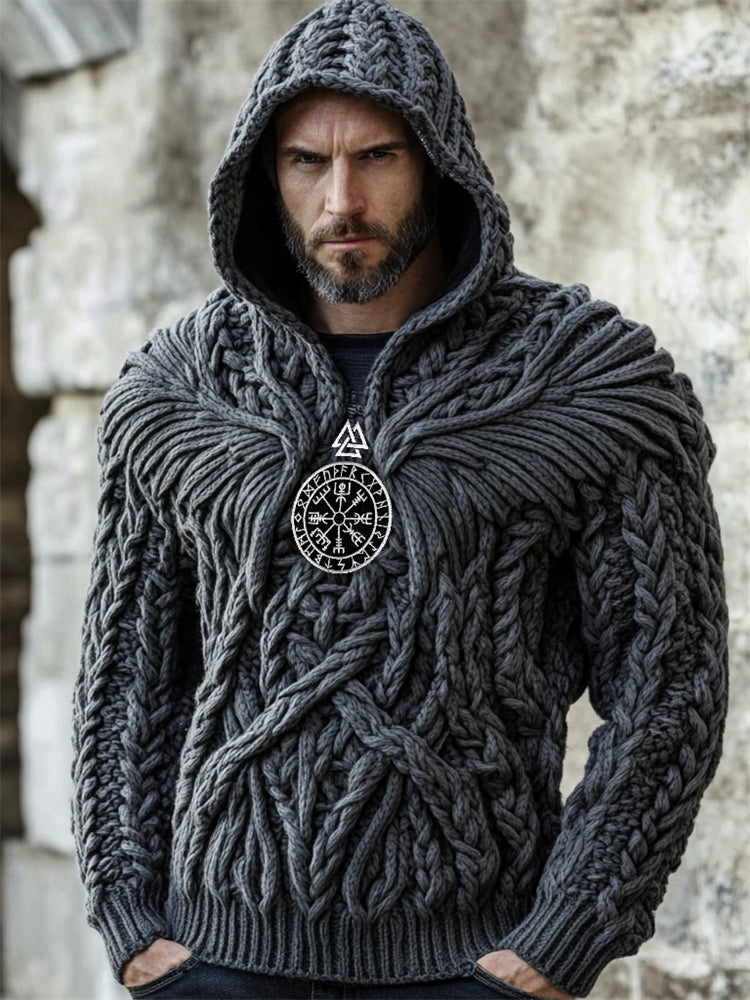 Men's Viking Vegvisir Evil Wings Celtic Chunky Hooded Sweater elevenforest