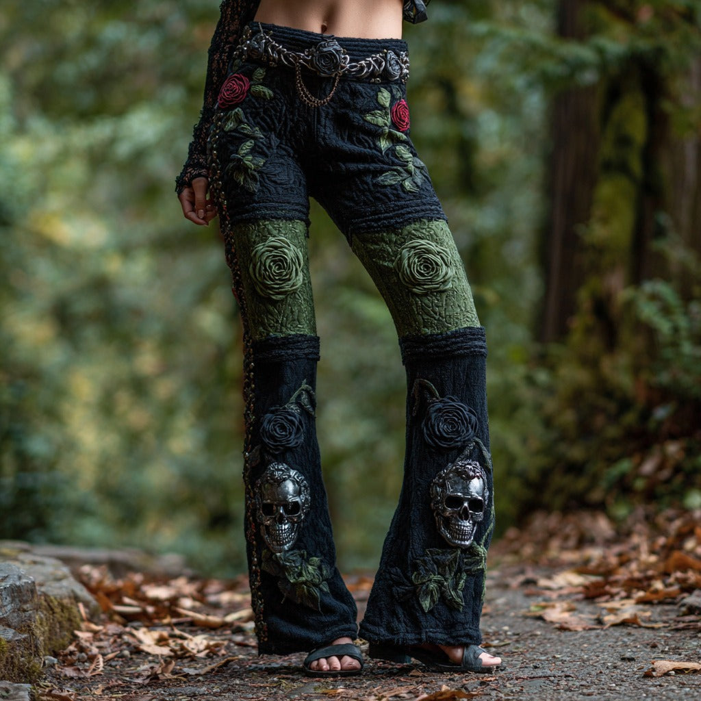 Women's Vintage Skull And Rose Pattern Casual Jeans elevenforest