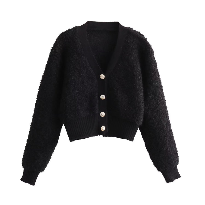 Fall Clothing Teddy Needle Fur Feeling V Neck Knitted Cardigan Coat