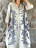 Women's Rose Floral Print Shirt Cotton And Linen Dress