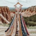 Women's Vintage Floral Patchwork Art Linen Tank Midi Dress elevenforest