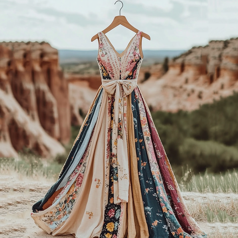 Women's Vintage Floral Patchwork Art Linen Tank Midi Dress elevenforest