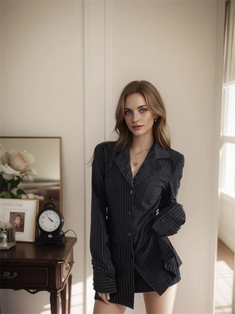 Blouses Black Stripe Slim Fit Shirts Long Sleeve Top Korean Office Lady Aesthetic Shirt