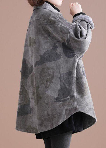 Grey Peter Pan Collar Print Corduroy Winter Coat