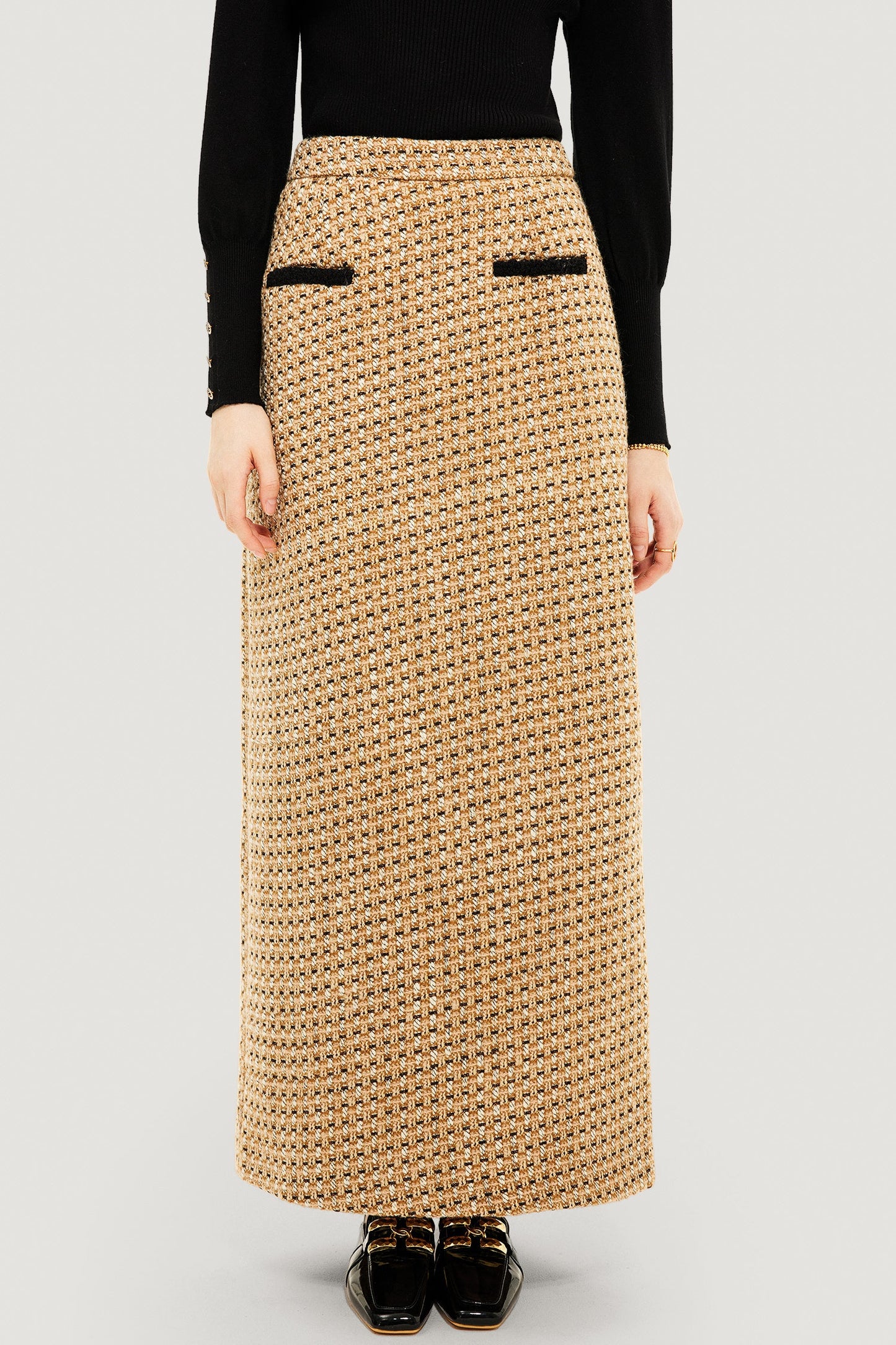 Tweed High Waist Split Maxi Skirt