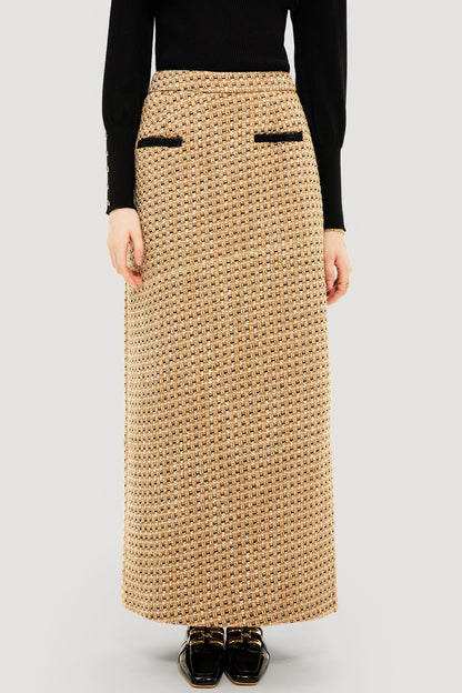 Tweed High Waist Split Maxi Skirt