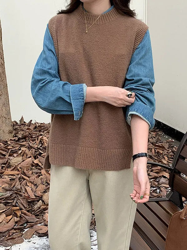 High-low Loose Color Split-joint Split-side Round-neck Knitwear Vest Top