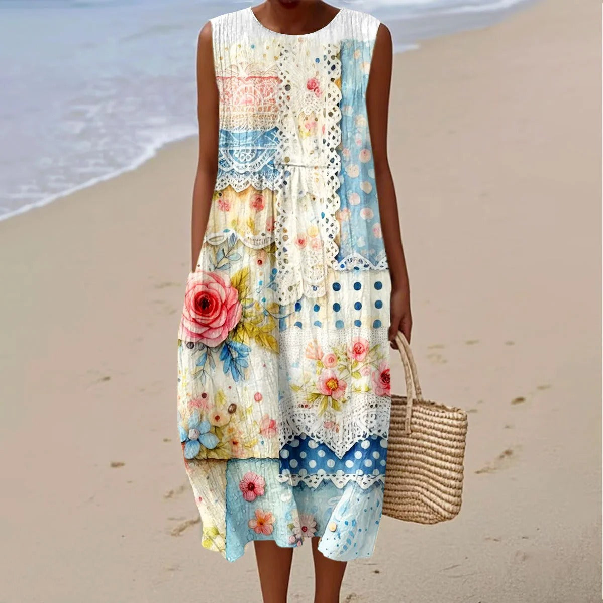 Women's Vintage Flower Art Print Linen Vest Dress elevenforest