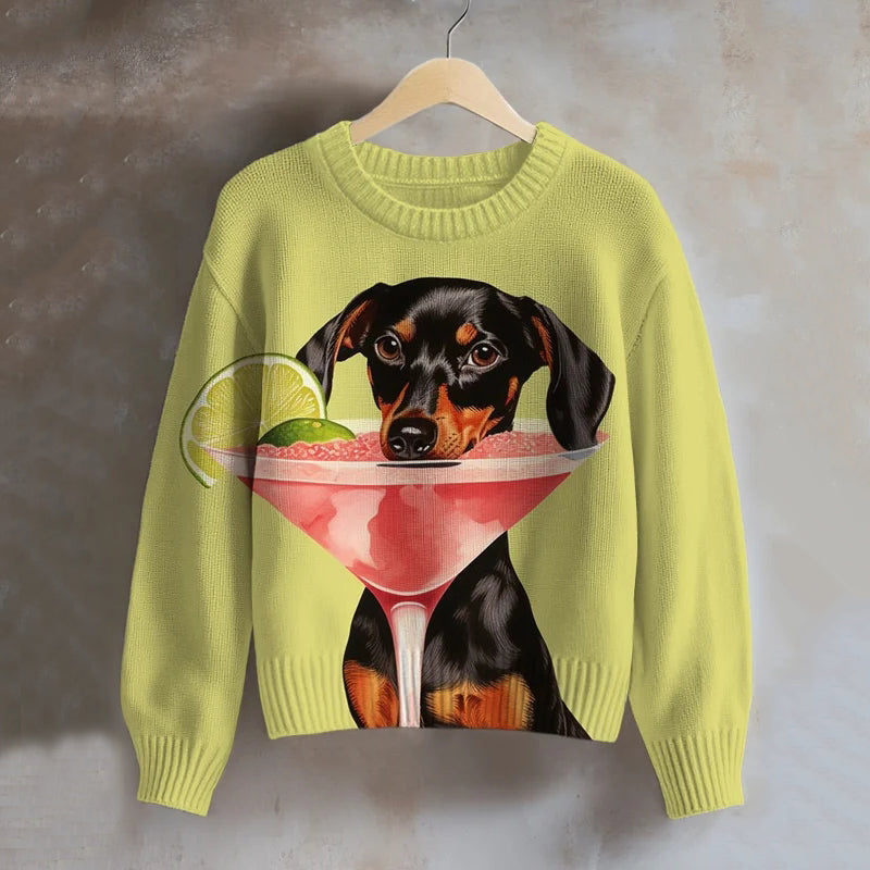 Comstylish Women's Dachshund And Martini Cocktail Art Print Knit Sweater