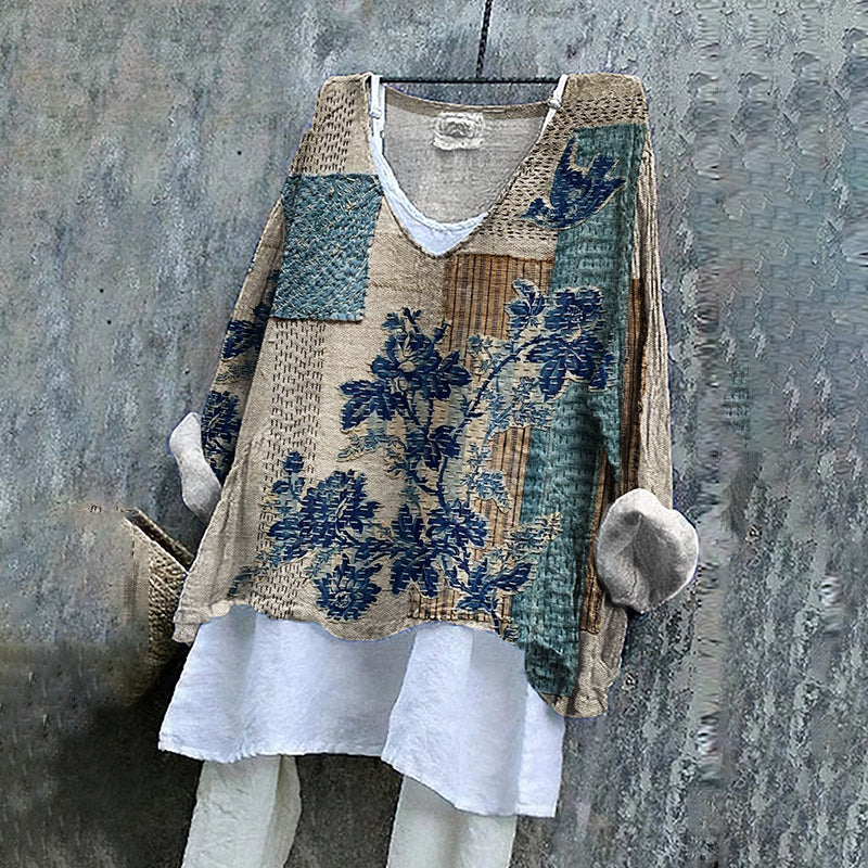 Floral Embroidered Japanese Sashiko Fiber Art Linen Blend Tunic elevenforest
