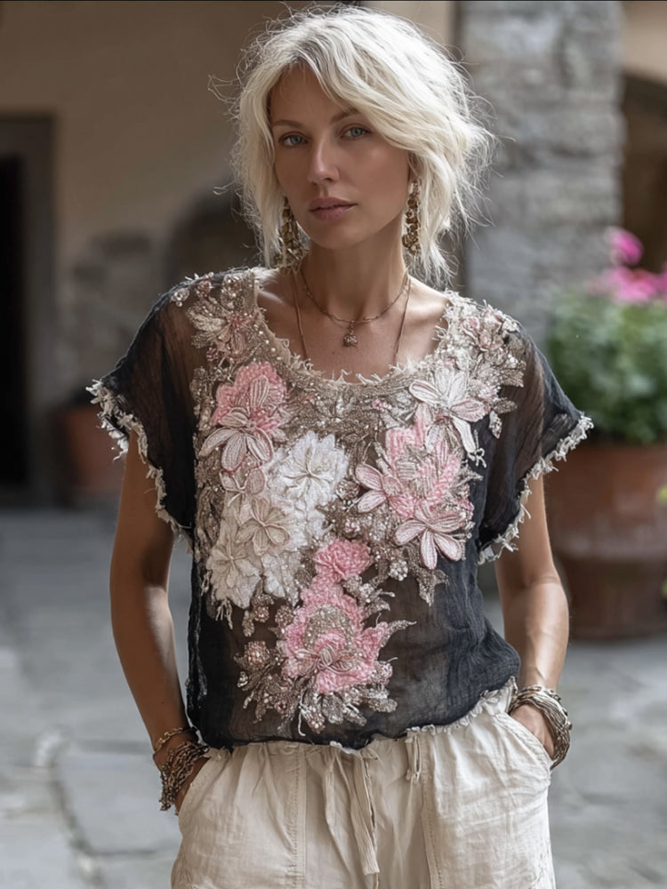 Bohème Style Embroidered Rose Gradient Tie-dye Short-sleeved Round-neck Top elevenforest