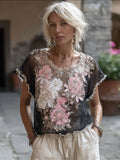 Bohème Style Embroidered Rose Gradient Tie-dye Short-sleeved Round-neck Top elevenforest