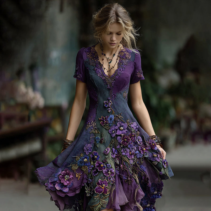 Women's Retro Embroidered Pansy Flowers Short-sleeved Midi Dress elevenforest