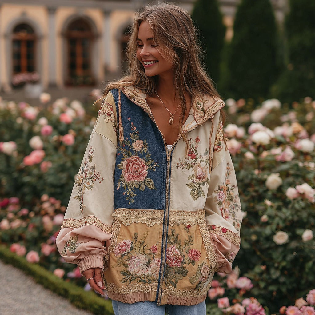 Women's Vintage Floral Patchwork Cozy Warm Hooded Jacket elevenforest