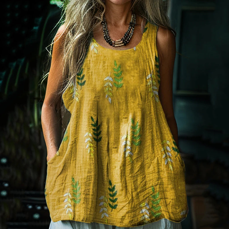 Comstylish Women's Retro Loose Bohemia Vintage Leaf Art Style Linen Suspender Sleeveless Top