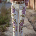 Vintage Purple Roses Embroidered White Skinny Jeans elevenforest