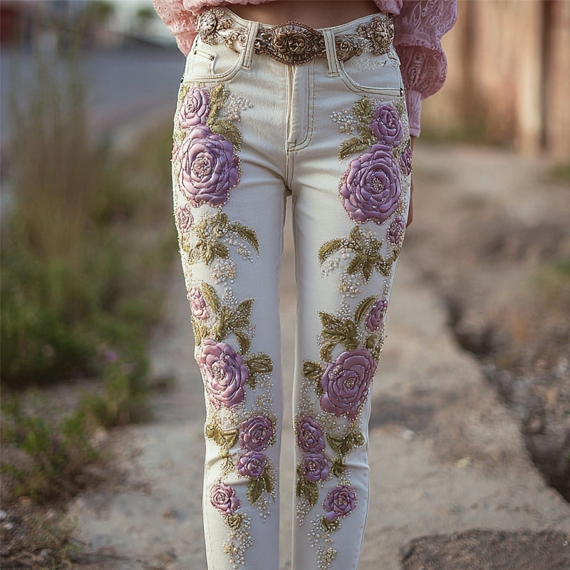 Vintage Purple Roses Embroidered White Skinny Jeans elevenforest