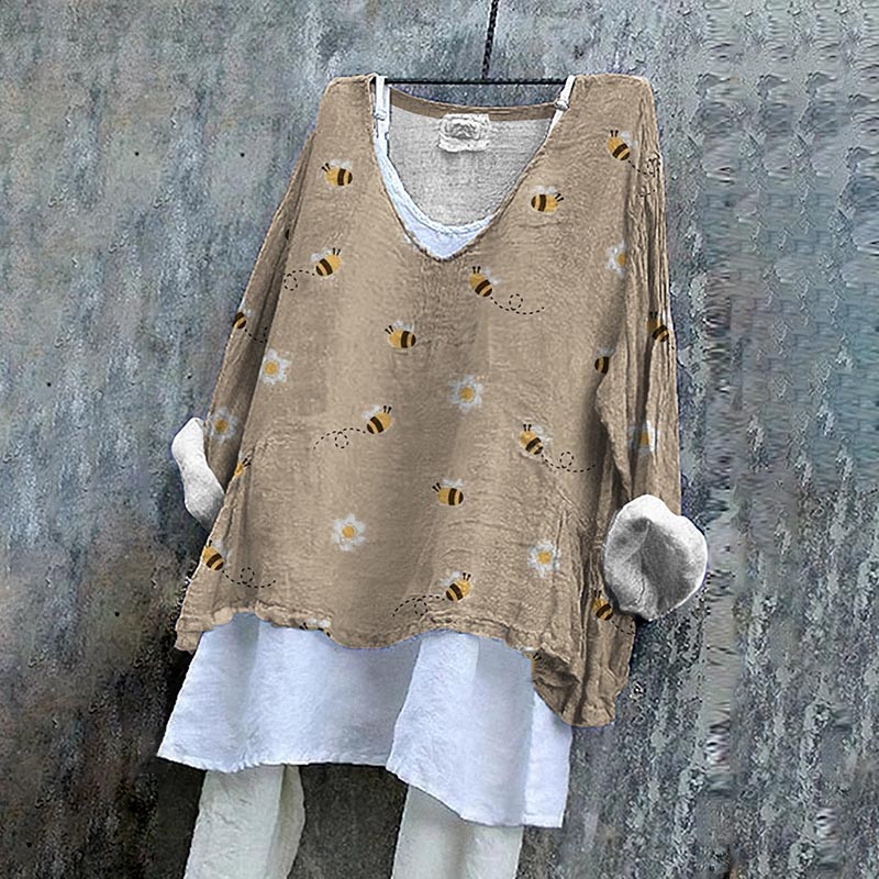 Comstylish Women's Vintage Bee Art Cozy Linen Blend Tunic