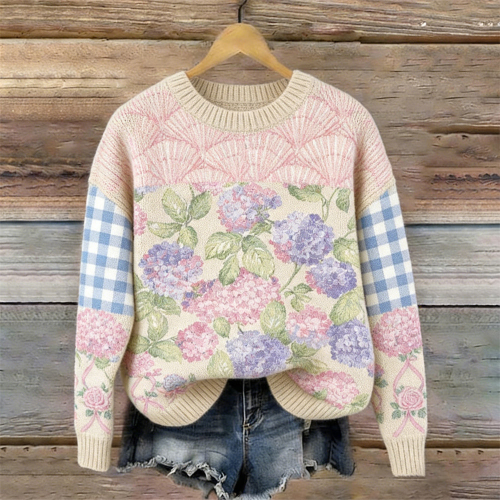 Boho Floral Patchwork Pattern Women's Casual Sweater elevenforest
