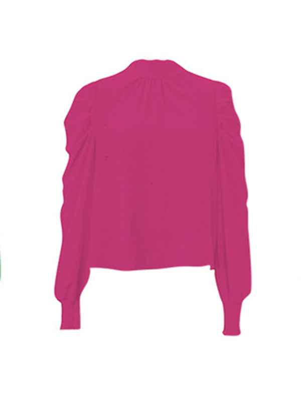 Long Sleeves Puff Sleeves Pleated Color Half Turtleneck Blouses&shirts Tops