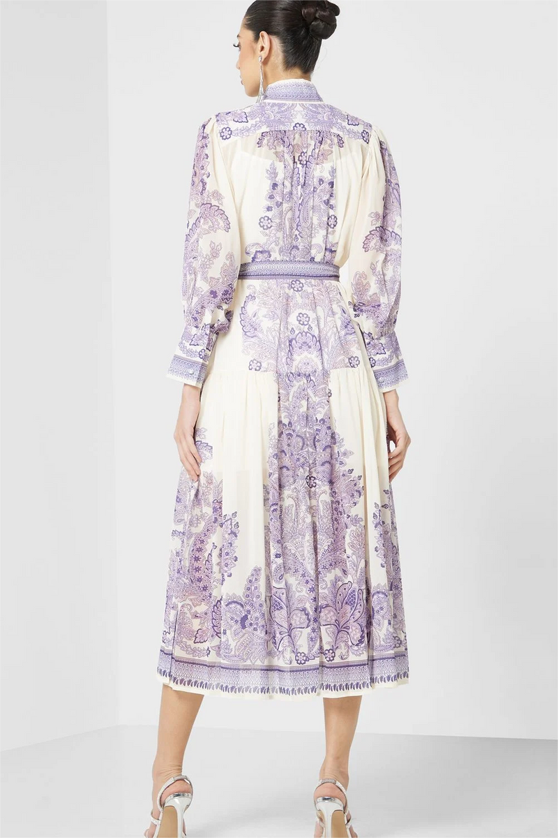 Printed Long Sleeve Stand Collar Buttoned Lace Up Midi Dress