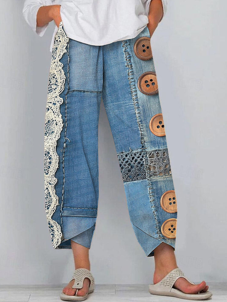 Denim Lace Patchwork Art Button Design Pants elevenforest