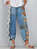 Denim Lace Patchwork Art Button Design Pants elevenforest