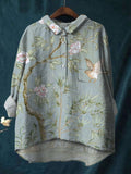 Ink Flowers And Sparrows Print Cotton And Linen Shirt
