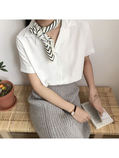 Summer Blouse Shirt for Short Sleeve V Neck Office Lady White Shirts Tops Japan Korean Style