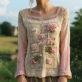 Boho Vintage Floral Lace Patchwork Art Women's Linen Long Sleeve Shirt elevenforest