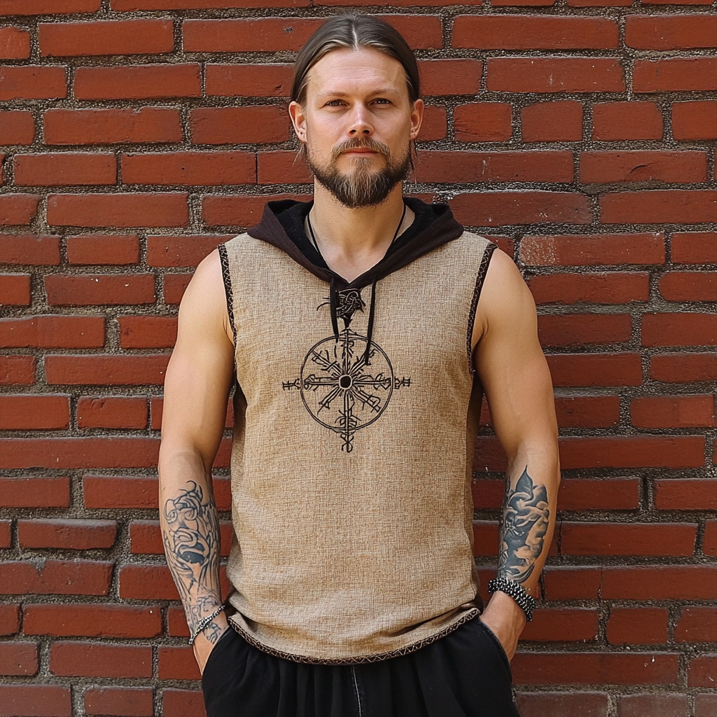 Vintage Men's Viking Rune Linen Contrast Hoodie elevenforest