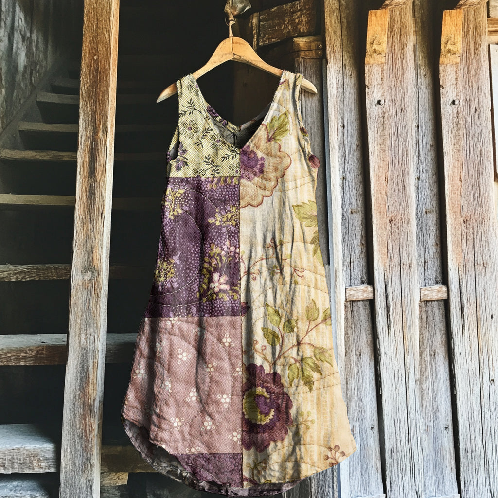 Vintage Purple Floral Patchwork Art Linen Tank Dress elevenforest