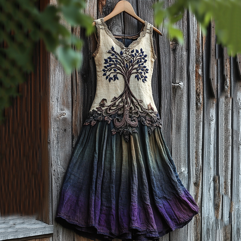 Women's Vintage  Viking Tree Of Life Gradient Linen Dress elevenforest