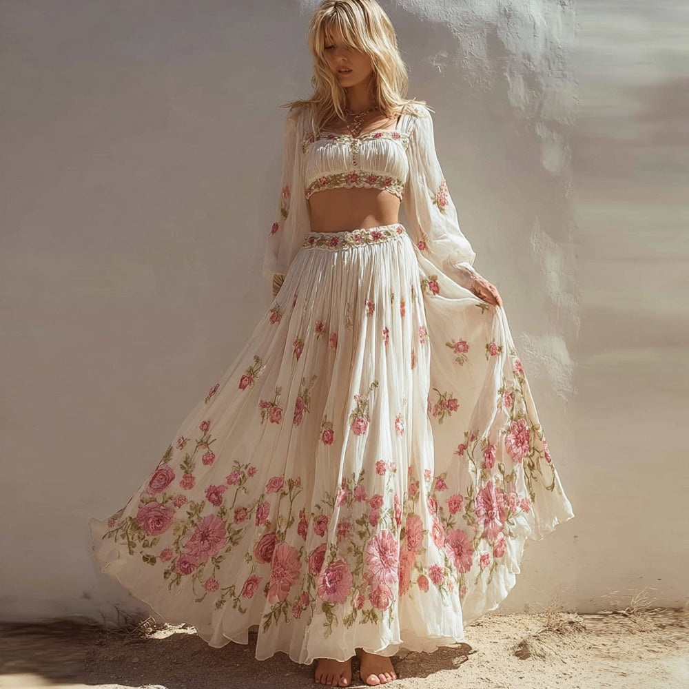 Vintage Boho Roses Art Pattern Flowy Linen Skirt elevenforest