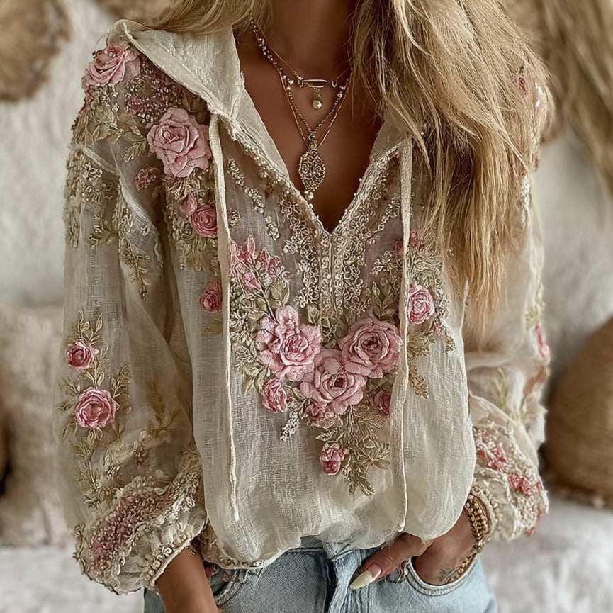 Women's Vintage Rose Floral Embroidery Warm V-neck Hoodie elevenforest