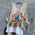 Women's Vintage Peacock Floral Embroidery Art  Loose V-neck Shirt elevenforest