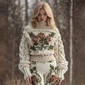 Comstylish Viking Style Three-dimensional Rose Embroidery High Neck Sweater