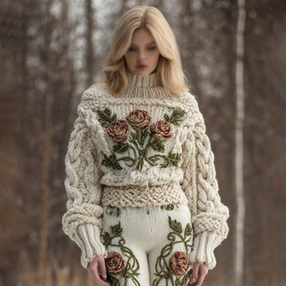 Comstylish Viking Style Three-dimensional Rose Embroidery High Neck Sweater