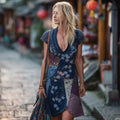 Women's Japanese Sashiko And Floral Pattern Linen Short-sleeved Dress elevenforest