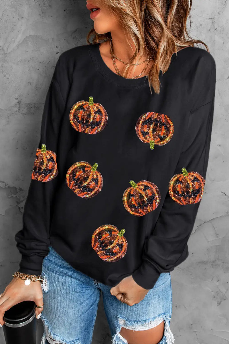 Black Sequin Halloween Pumpkin Sweatshirt