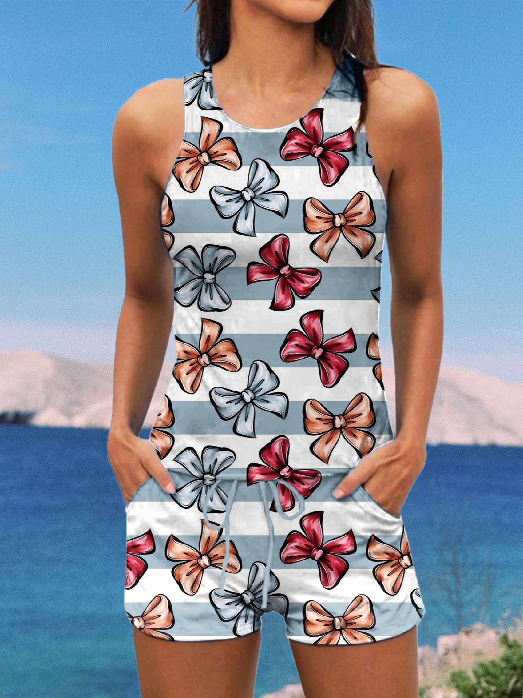 Stripes and Bows Print Halter Ruffle Ruched Jacquard Tankini Short Set