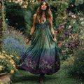 Vintage Purple Flowers Embroidered Gradient Linen Maxi Dress elevenforest
