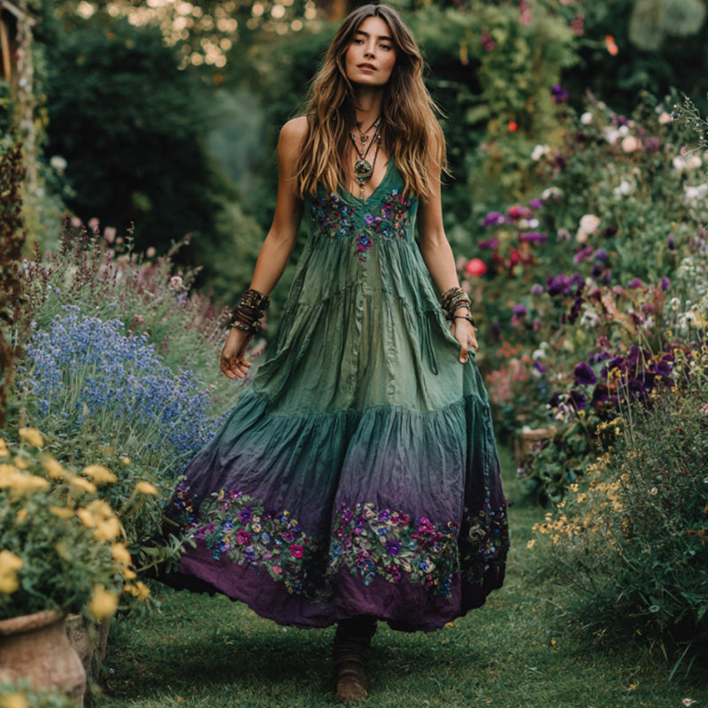 Vintage Purple Flowers Embroidered Gradient Linen Maxi Dress elevenforest