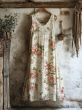 Vintage Oil Painting Rose Women's Linen V-neck Vest Dress elevenforest