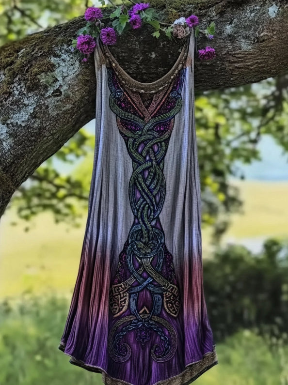 Vintage Viking Celtic Knot Gradient  Linen Midi Dress elevenforest