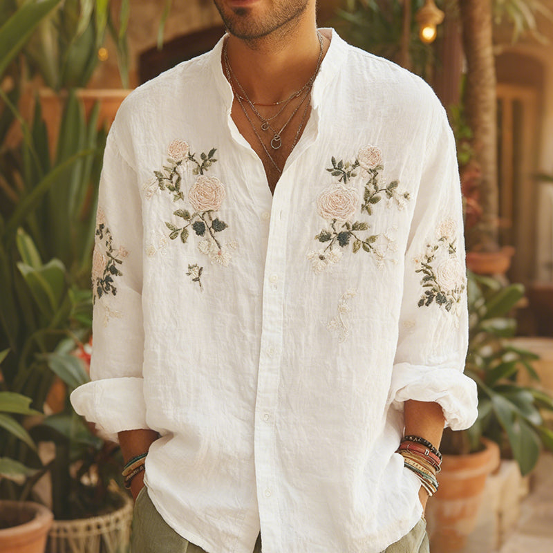 Men's Vintage Rose Floral Art Comfy Linen Shirt elevenforest