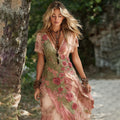 Vintage Floral Art Embroidery Linen V-neck Midi Dress